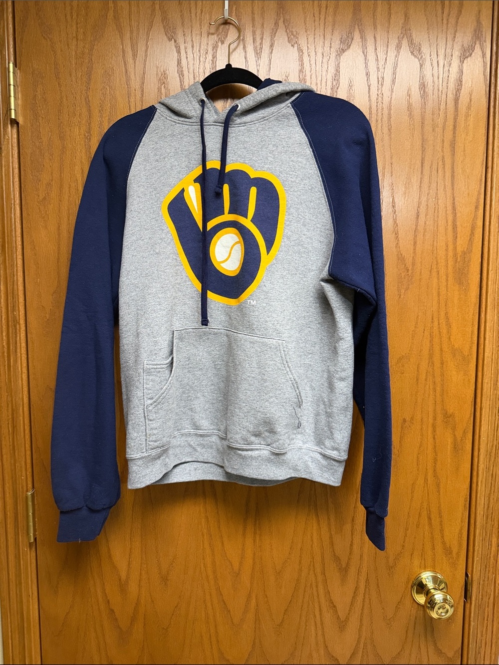 Jerzees Gray and Navy Crewneck Hoodie with Yellow Team Graphic